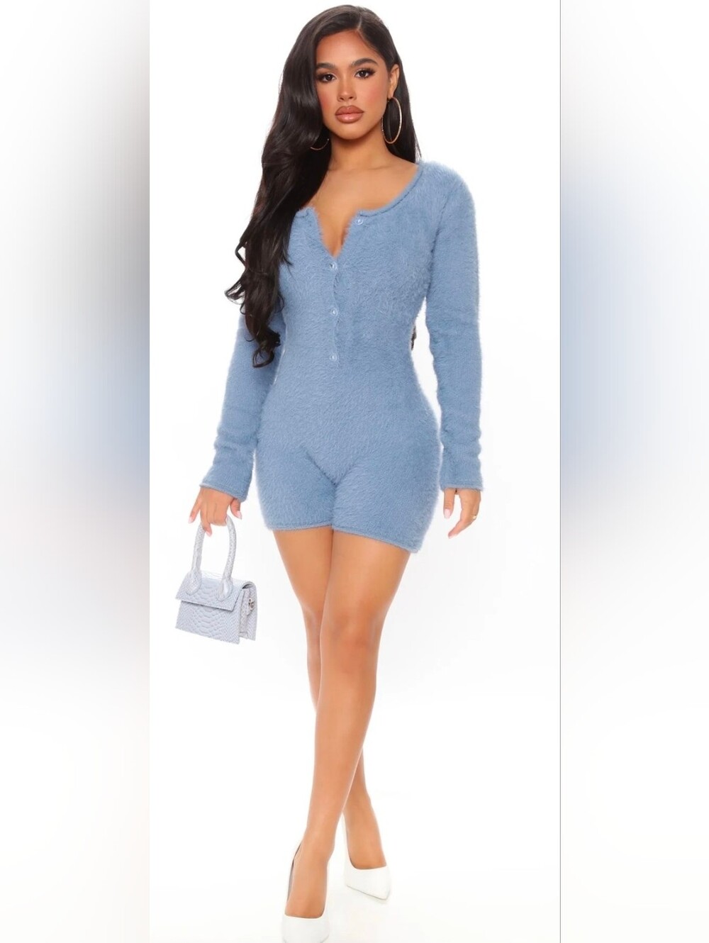 Fashion Nova Fuzzy Long-Sleeve Romper in Dusty Blue